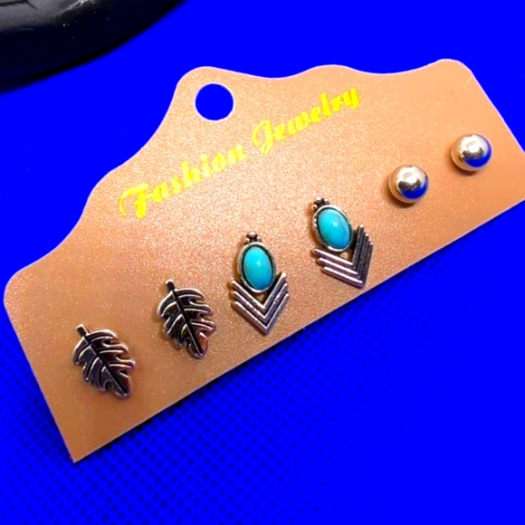 Fashion Jewelry Jewelry - Earrings Turquoise Leaves Round Balls Silver Fashion Earrings 3 Pair Pack